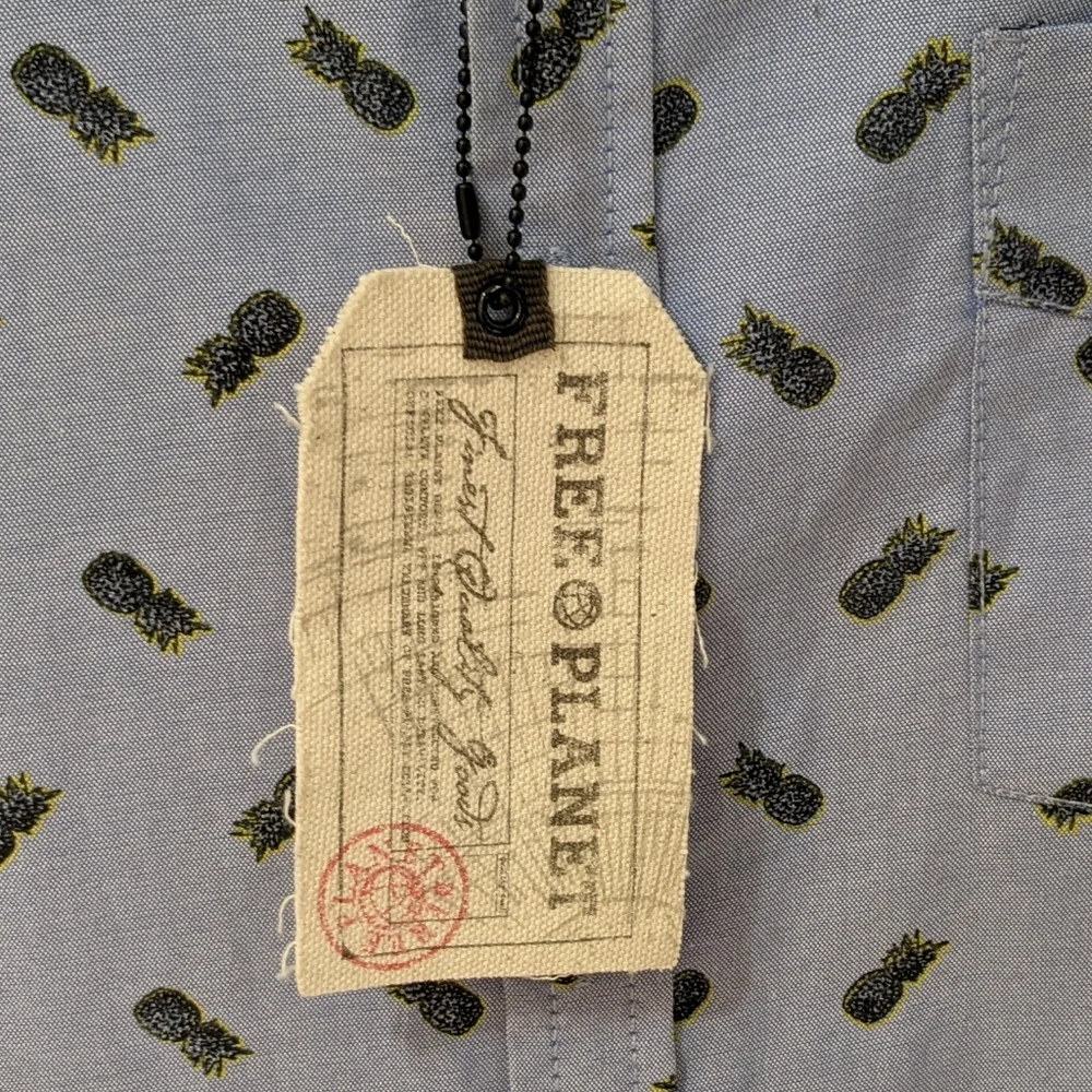 Short sleeve blue button up, pineapple print. Free Planet: men's Large. - Picture 3 of 12